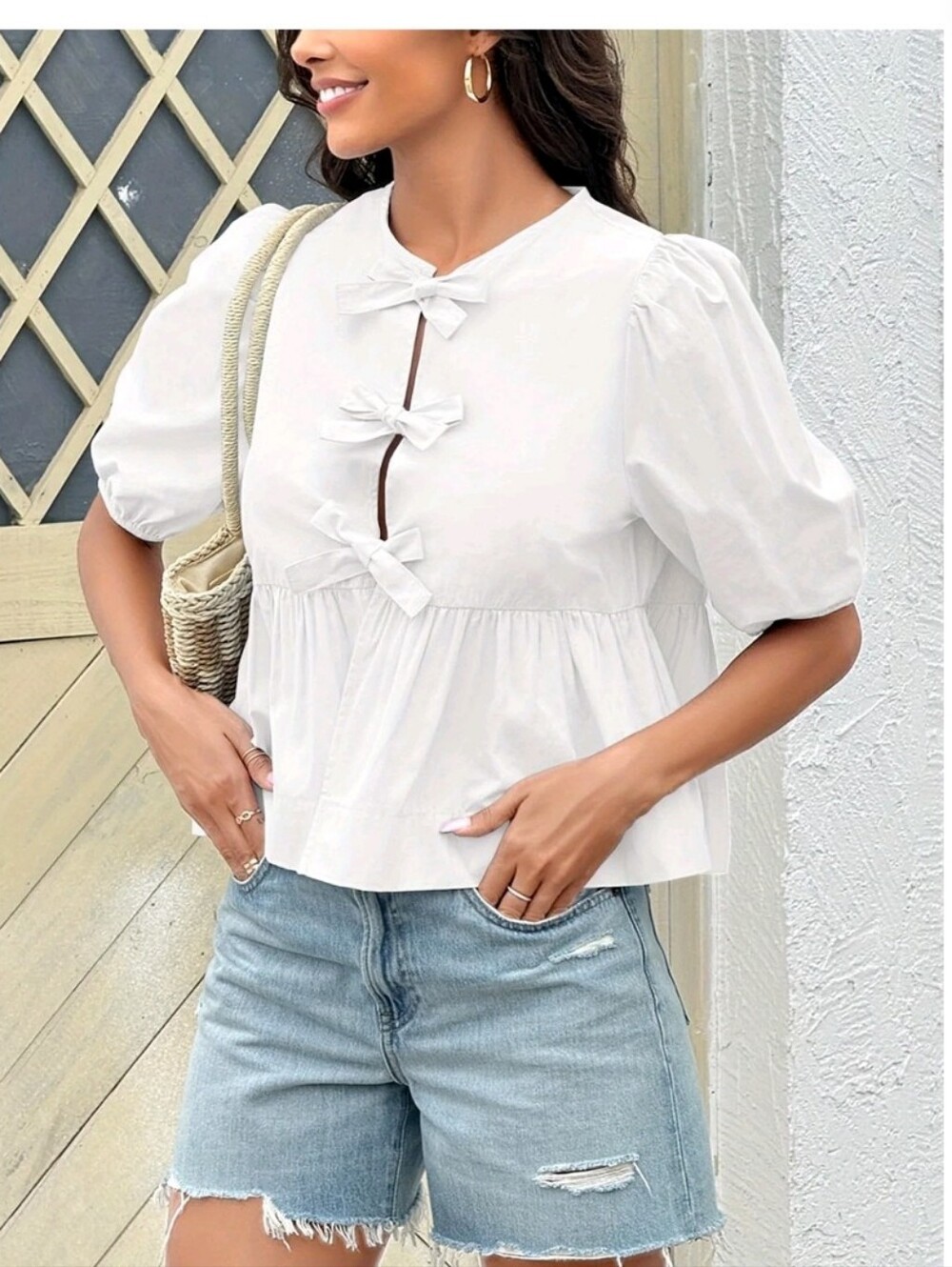 Babydoll Puff Sleeve Tie Front Blouse